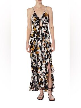 Angie Black Cottagecore Tie-Front Smoked Back Resort Cruise Summer  Maxi Dress M